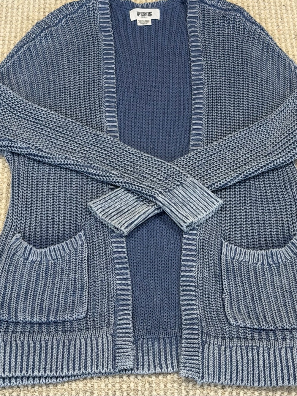 PINK Victoria's Secret Cardigan Sweater Blue Knit Open Front Pockets Small